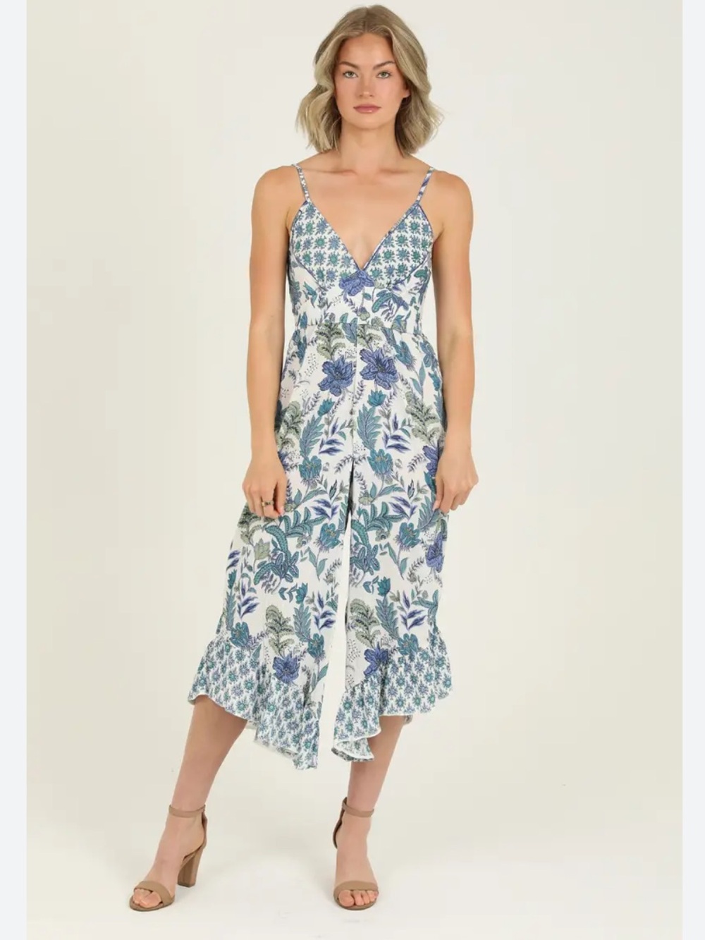 Angie Floral V-Neck Wide-Leg Angled Hem Jumpsuit in White & Blue